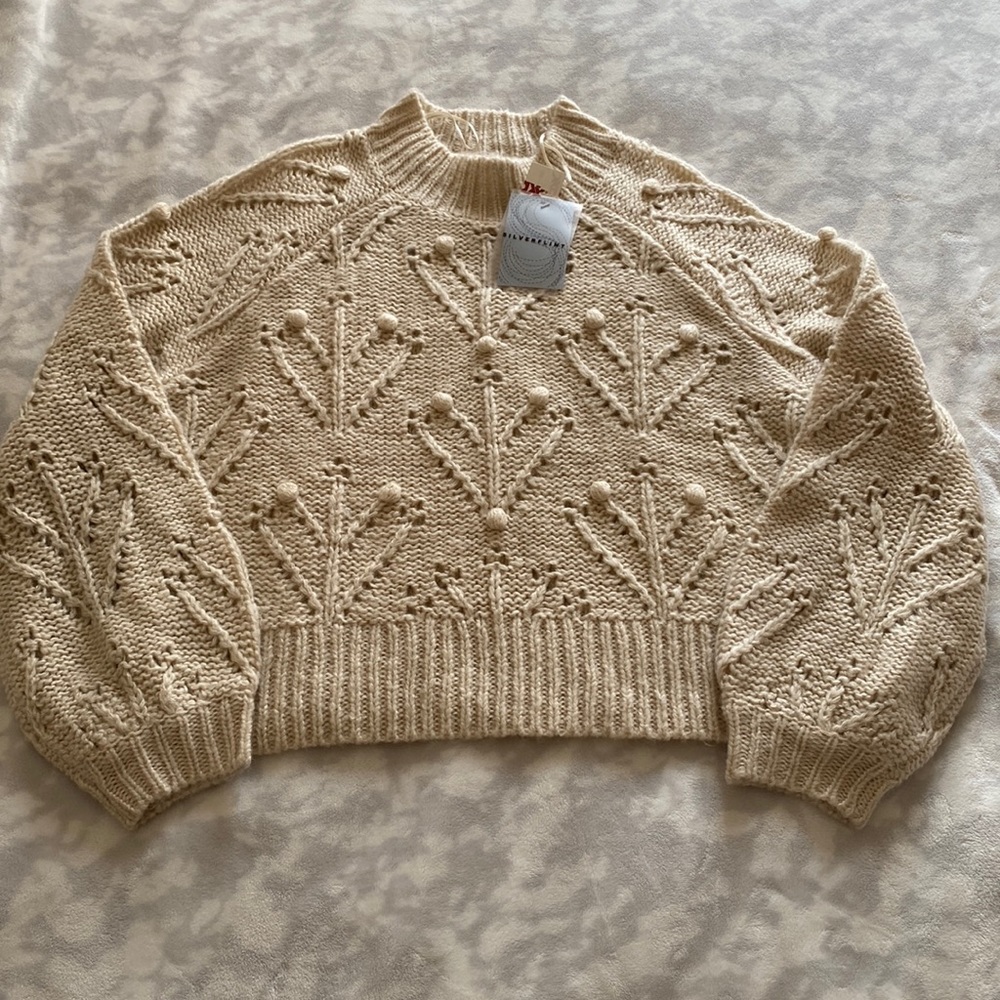 New silverflint womens boxy crop bubble knit sleeve sweater cream sz small